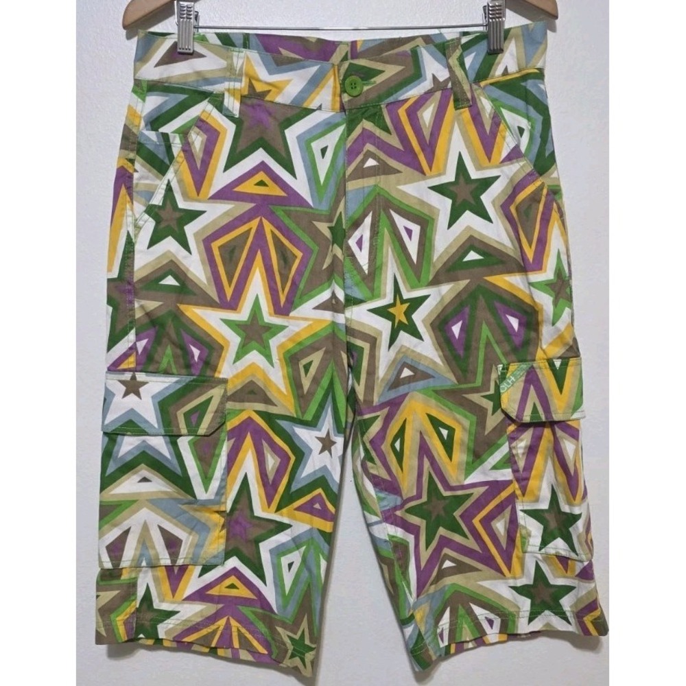 CLH‎ Creating Limitless Heights Long Cargo Shorts Green Purple Star 34 Men Y2K